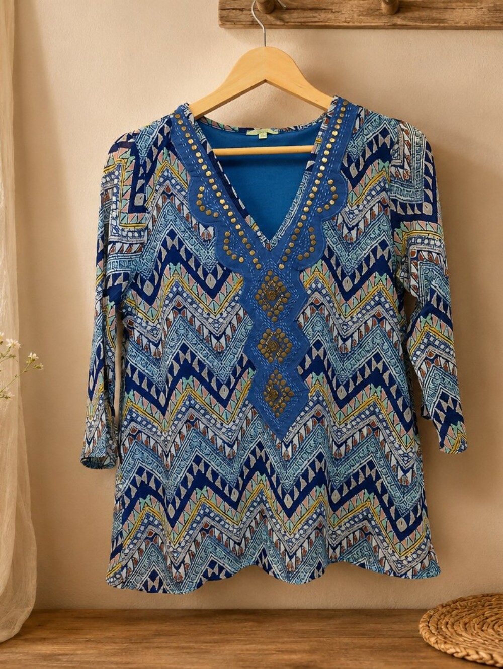 Blue Patterned V-Neck Top